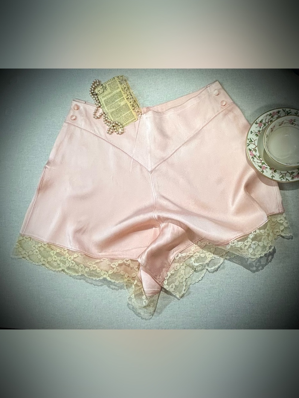 1920 faded pink silk and yellow lace tap pants waist 28/30